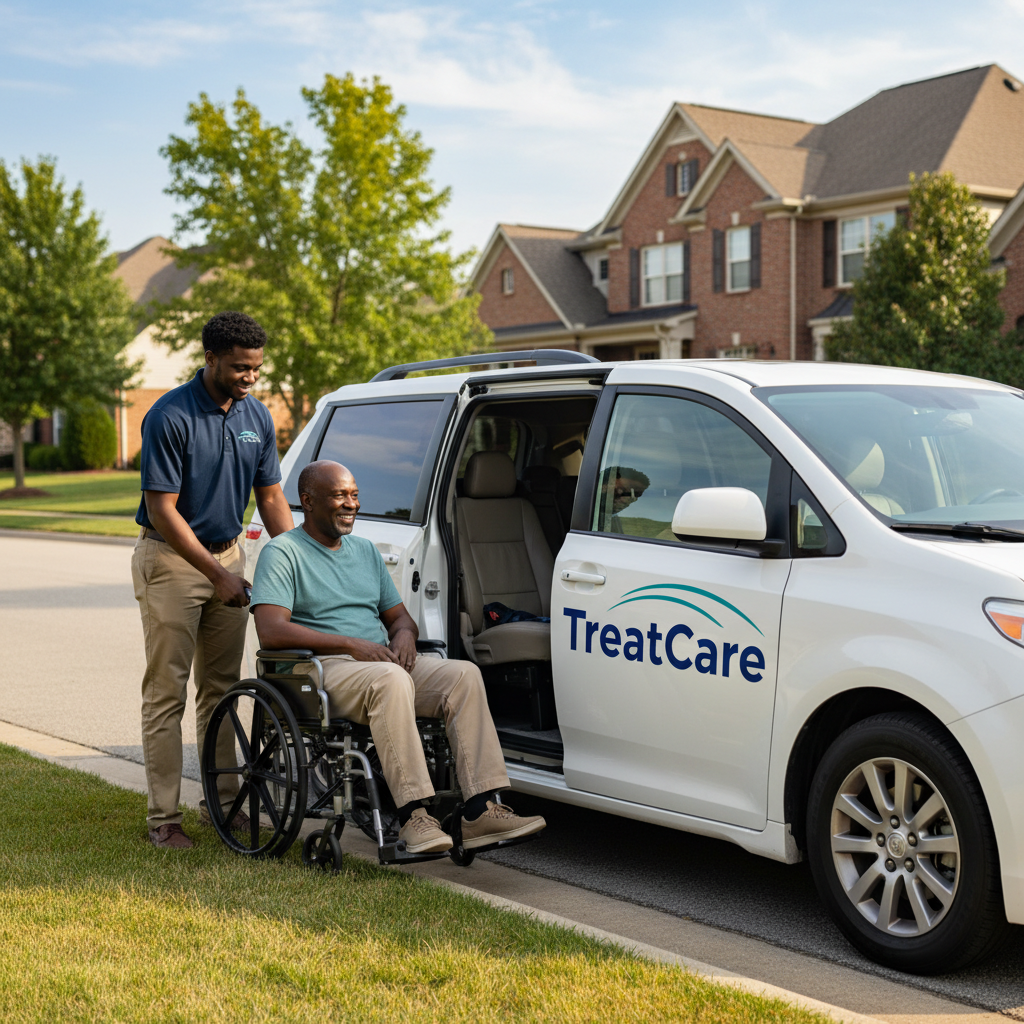 TreatCare driver assisting patient with wheelchair accessible vehicle